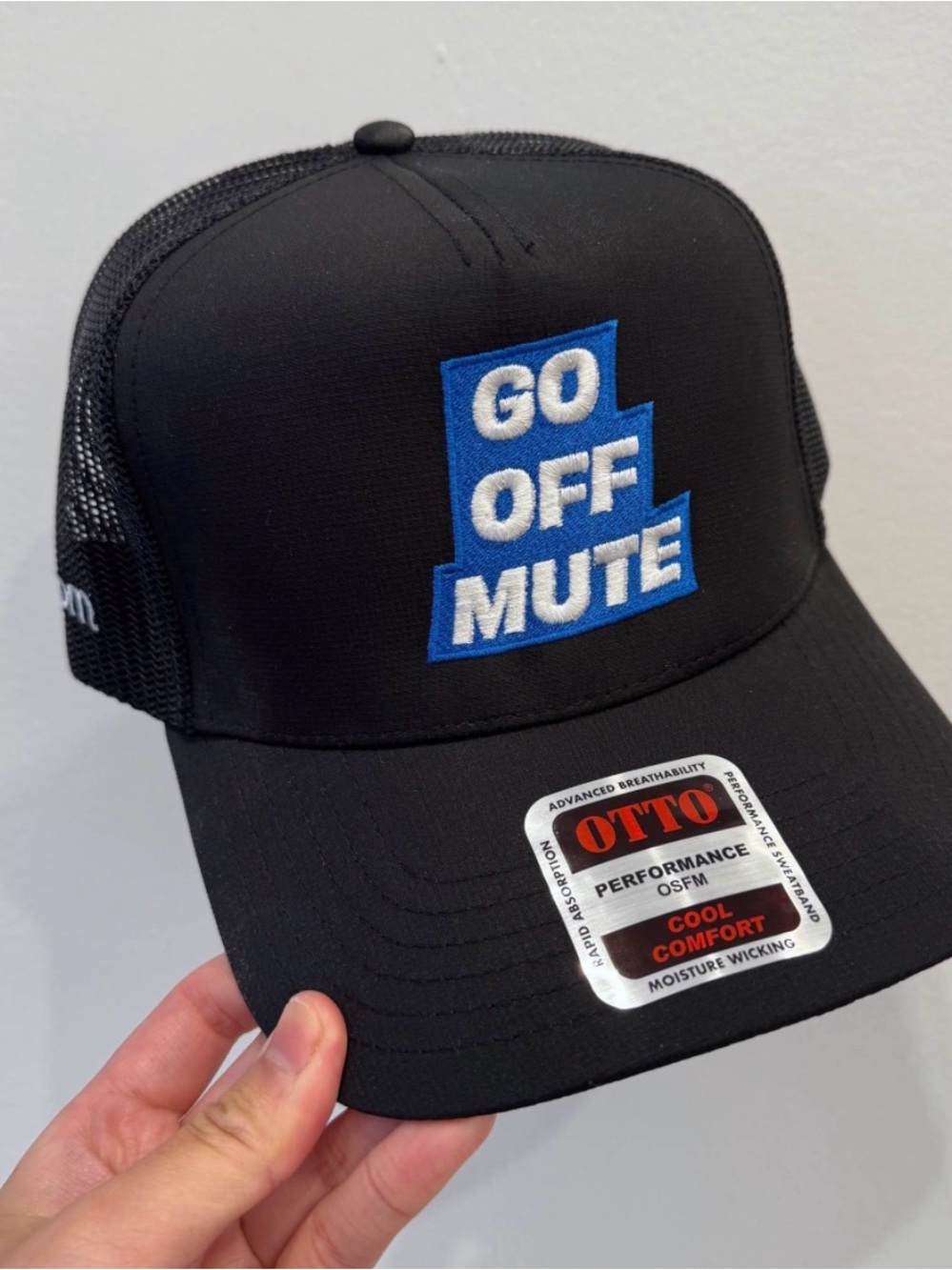 Zoom Black Trucker Hat with Blue & White "GO OFF MUTE" Patch